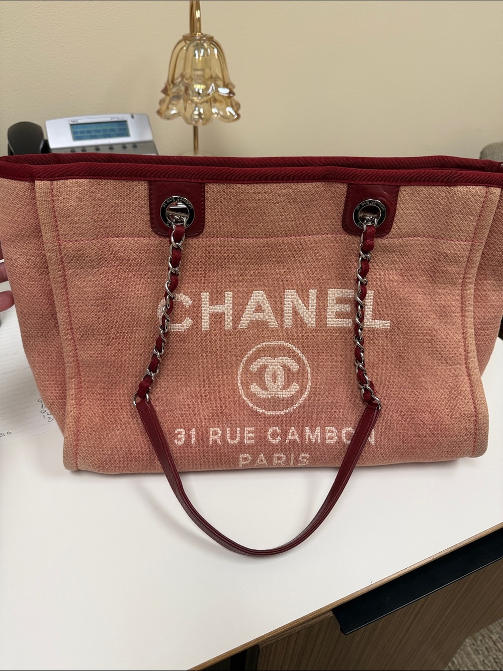 CHANEL Pink Canvas Tote with Burgundy Trim and Chain Handles - Picture 14 of 15